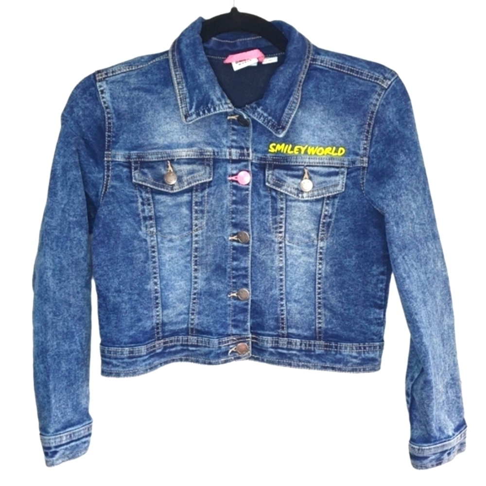 SMILEY WORLD Kids Cropped Punk Jean Trucker Jacket Yellow Smiley Face Girl Sz 12